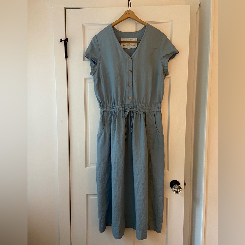 notPERFECTLINEN Reine Waisted Linen Dress in Swedish Blue